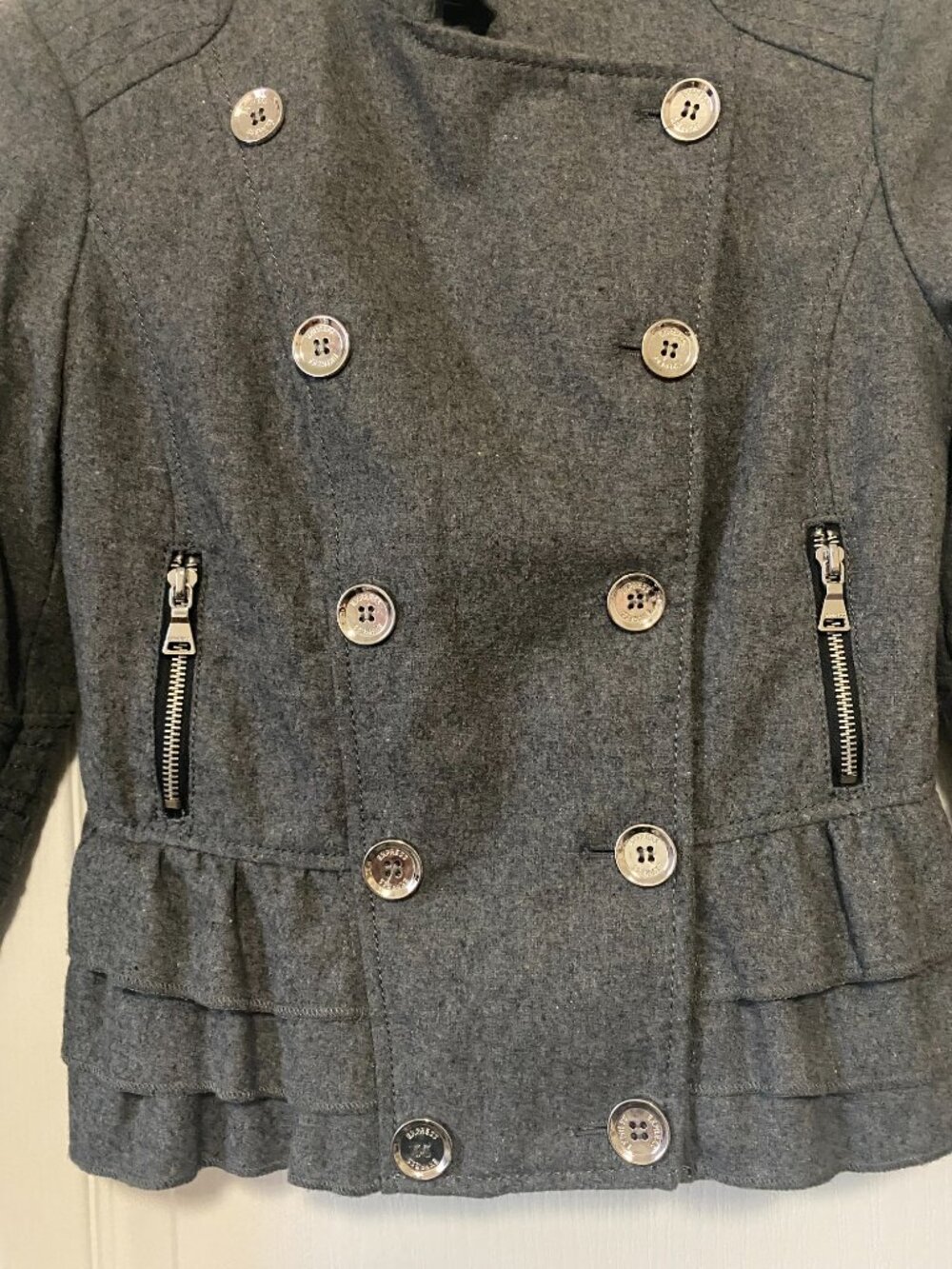 Vintage Express Gray Wool Double Breasted Military Ruffle Peplum Preppy Jacket - Picture 3 of 12